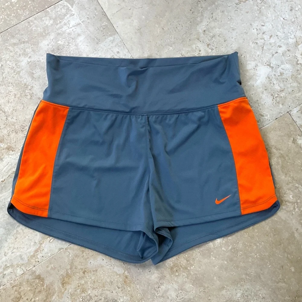 Nike DRI-FIT Sport Shorts, Gray Blue Color with Orange  Panels at Side, Size L